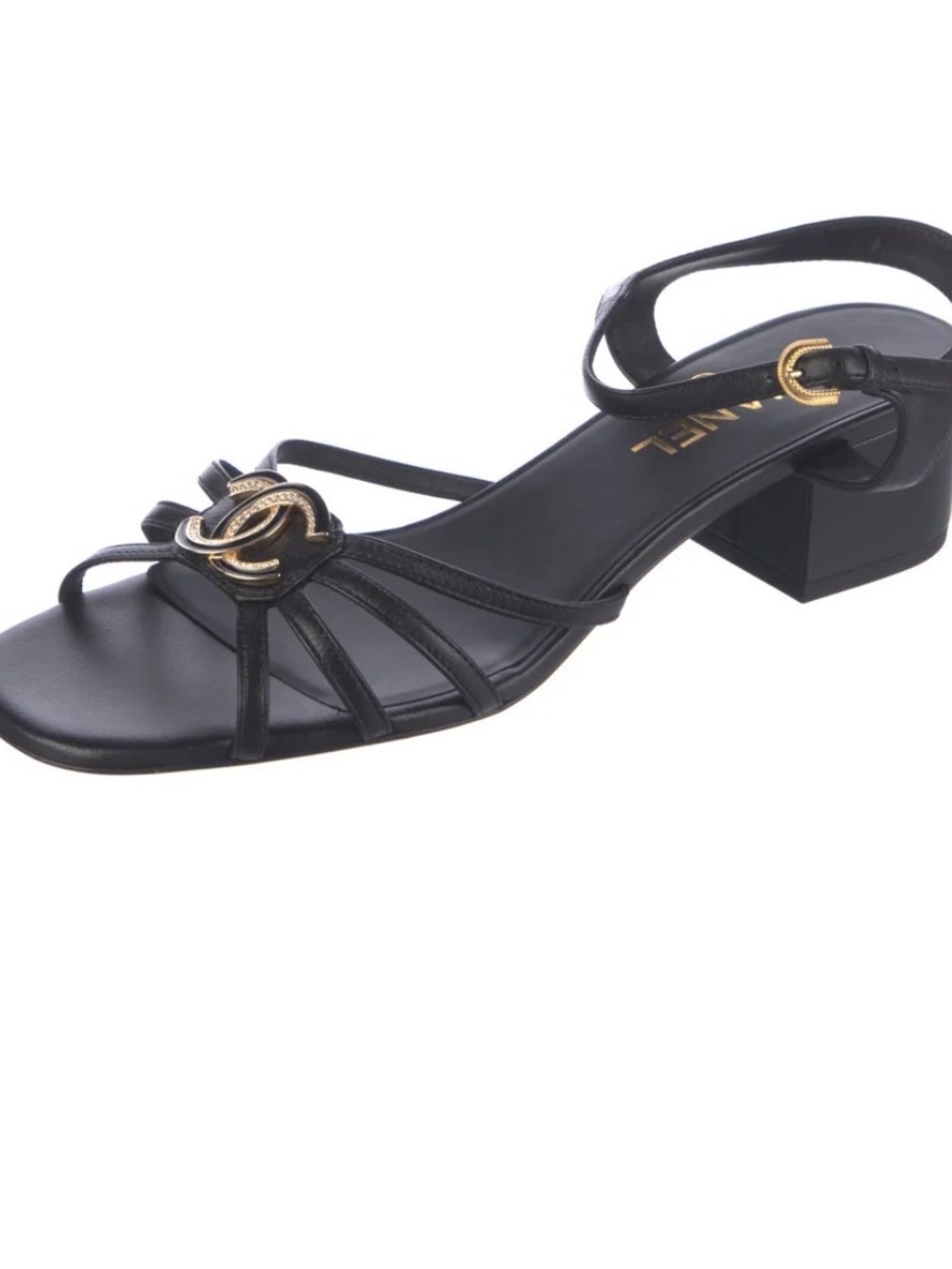 CHANEL Black Leather Slingback Sandals with Gold CC Emblem